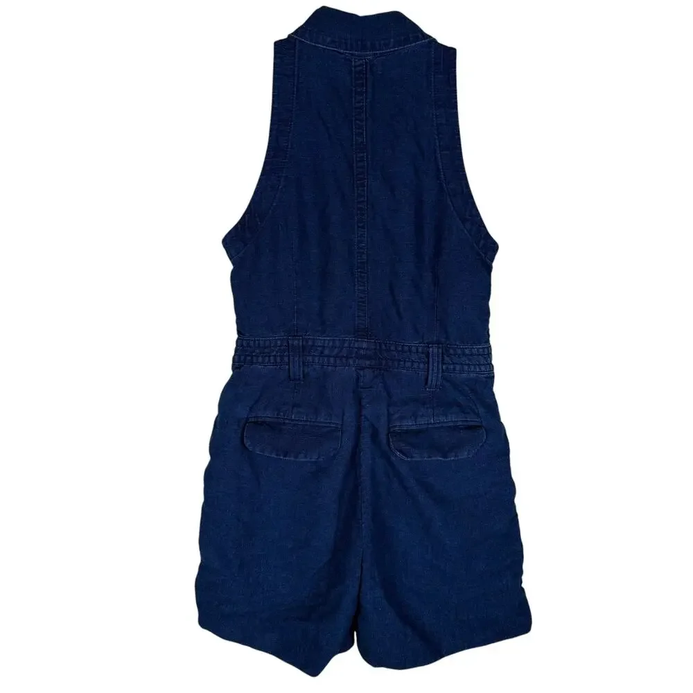 Banana Republic Camp Romper Womens 2 Petite Blue Linen Button Front Tie Waist‎
